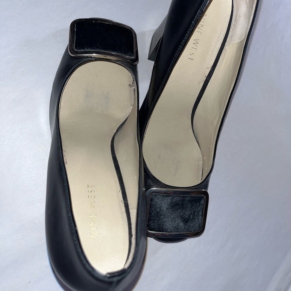 Vintage Nine West black fur silver buckle block Whimsigoth slip on heels Sz 8 - Picture 14 of 15